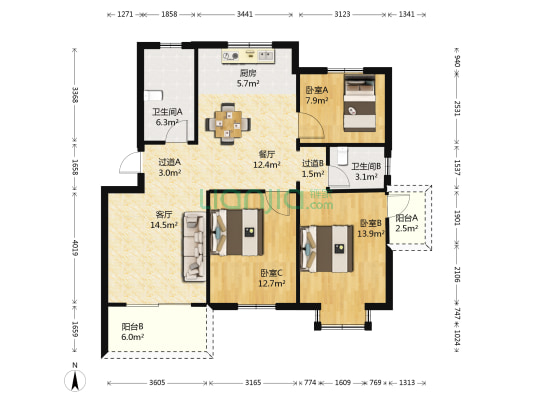 江南新家园 3室2厅2卫 102平方