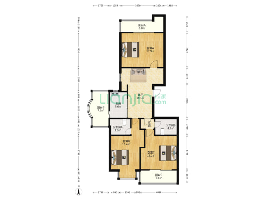 菁华领第 3室1厅2卫 74平方