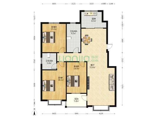 经纬花园 3室1厅2卫 164平方