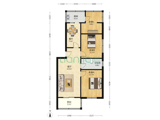 回民小区 3室2厅1卫 87平方
