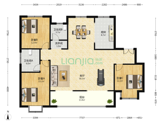 海青公馆 3室1厅3卫 166平方