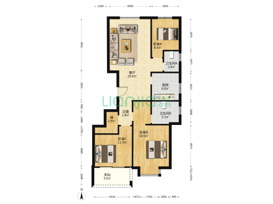 金禾家园 3室1厅2卫 130平方