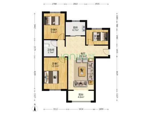 南北通透三居 全天采光 视野好 房本满二-户型图