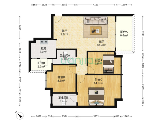 鸿禧家园 3室2厅2卫 91平方