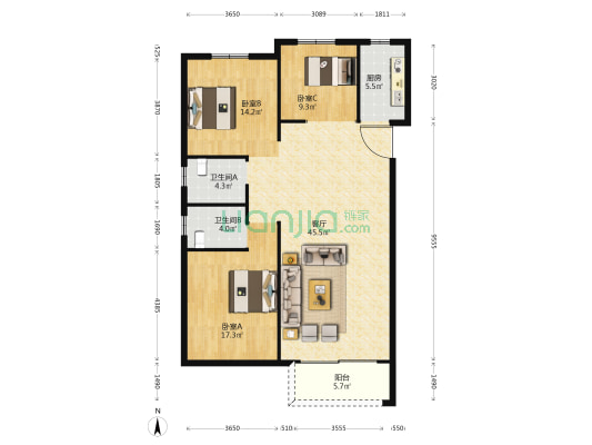 华鸿江山壹号 3室1厅2卫 140平方