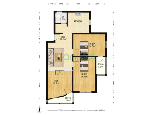 鸭头坝小区 3室1厅1卫 90平方