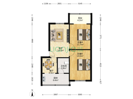 仁泽小区 2室2厅1卫 70平方