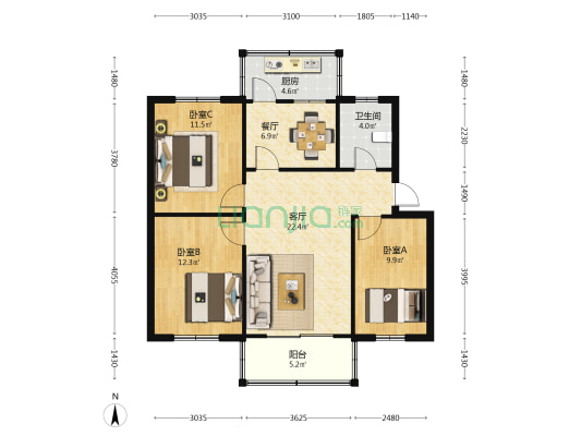 阜阳市国土资源局家属院 3室2厅1卫 90平方