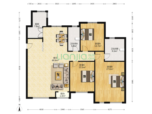 富力津门湖红树花园 3室1厅2卫 181平方