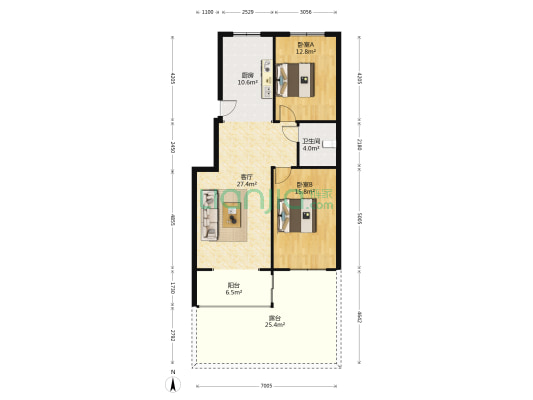 一层带小院，中等装修3居，集中供暖-户型图