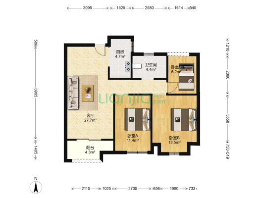 安粮城市广场三期 3室1厅1卫 91平方
