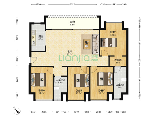 北辰悦来壹号印澜 4室1厅2卫 128平方
