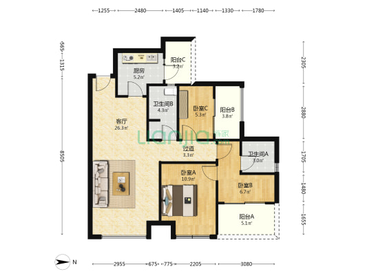 奥园棠玥府 3室1厅2卫 94平方