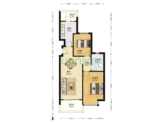 恒大林溪郡南园 2室1厅1卫 88平方