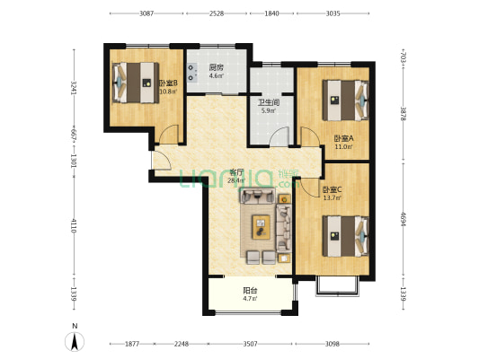 精装三居，户型方正大阳台，采光视野好-户型图