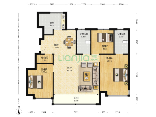 万华园 3室2厅2卫 138平方