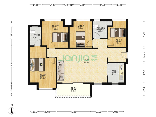 城市山麓花园四期 4室1厅2卫 117平方