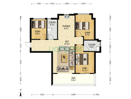 平沙上院 3室1厅2卫 96平方