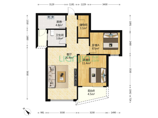 星海名城三期 2室1厅1卫 87平方