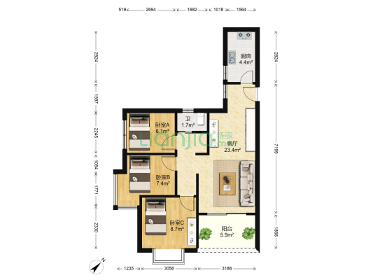 深业御园 3室1厅1卫 75平方