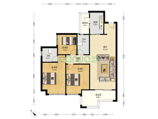 蓝光长岛城 3室1厅2卫 116平方