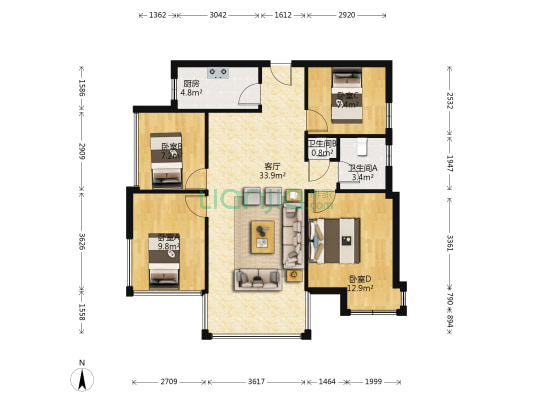 万达华府D区 4室1厅2卫 95平方