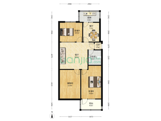 环保局家属楼 2室2厅1卫 86平方