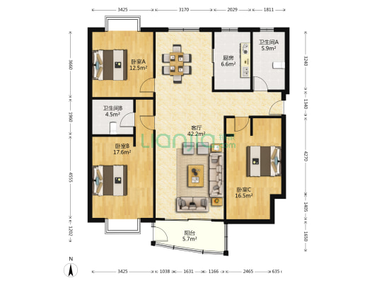 金桥名都 3室1厅2卫 133平方