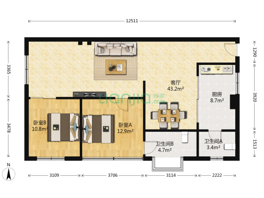 天府花园 2室1厅2卫 107平方