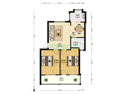 青山北路 2室2厅1卫 75平方