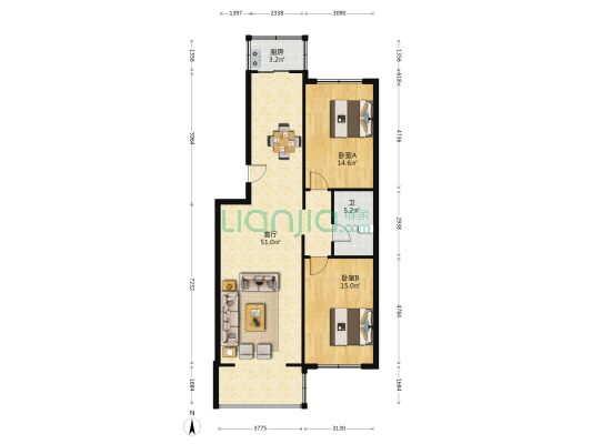 得意居 2室1厅1卫 109平方