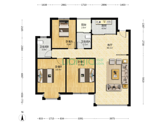 恒屹·双子座 3室1厅2卫 119平方
