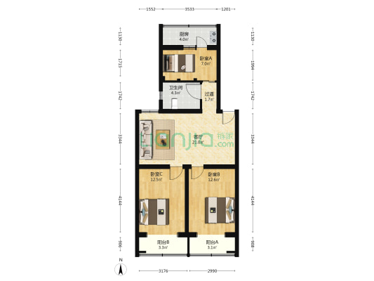 车站西街9号院 3室1厅1卫 90平方