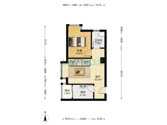 海科名城 1室1厅1卫 49平方