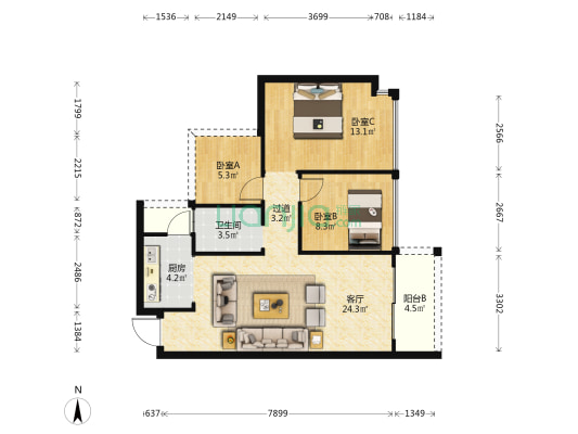 响水河畔 3室1厅1卫 81平方