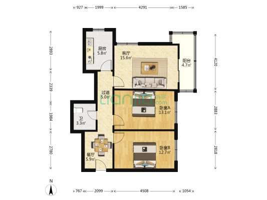 人行家属院 2室2厅1卫 59平方