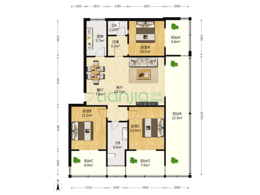 毅宏大厦 3室2厅2卫 110平方