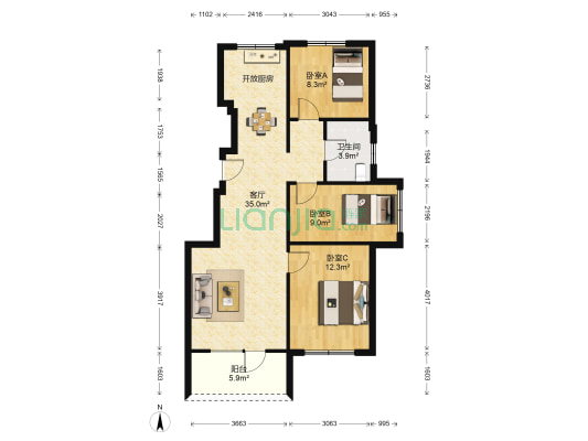 皇冠假日 3室1厅1卫 96平方