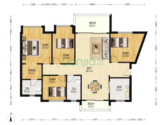 招商臻园 4室1厅2卫 143平方