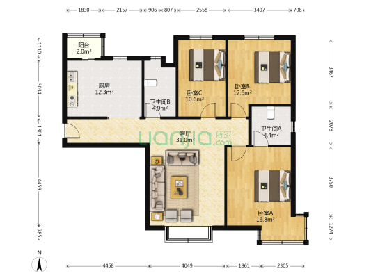 建投观海 3室1厅2卫 133平方