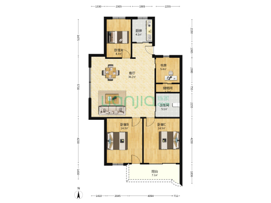 华兴公寓 4室1厅1卫 117平方