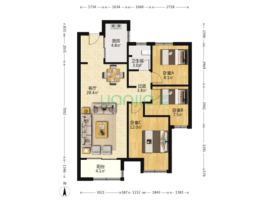万科山河道 3室1厅1卫 96平方
