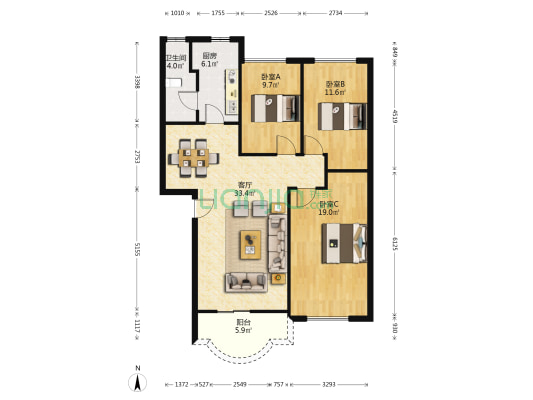 东湖花园二号小区 3室1厅1卫 107平方