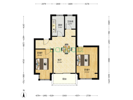 科锐花园 2室1厅1卫 77平方