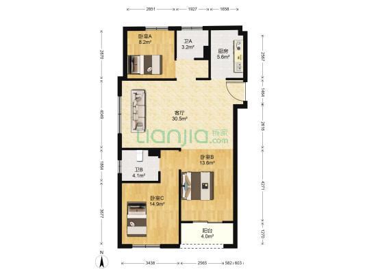 金竹锦园 3室1厅2卫 120平方