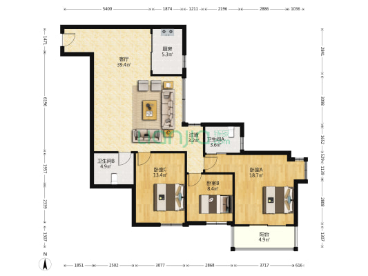 金田方鑫大厦 3室1厅2卫 130平方