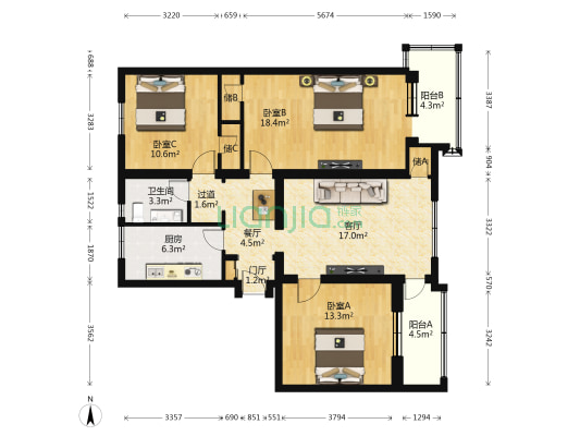 月坛北小街7号院 3室2厅1卫 117平方
