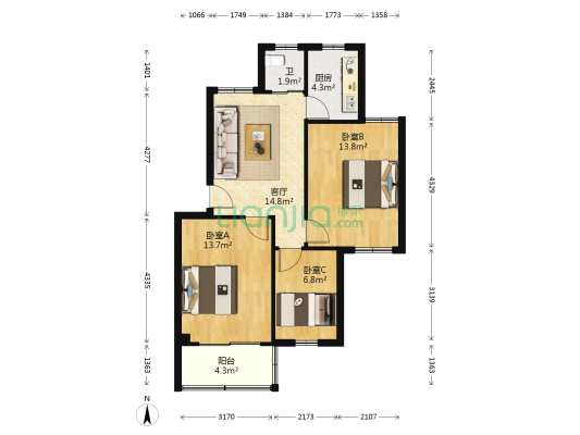 扬子十八村 3室1厅1卫 77平方