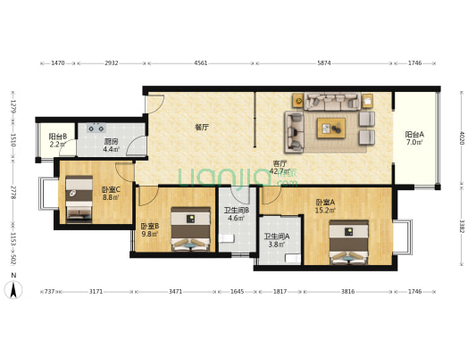 酒香苑小区 3室1厅2卫 118平方