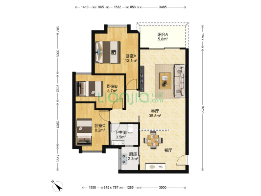 海荣新园 3室1厅1卫 90平方